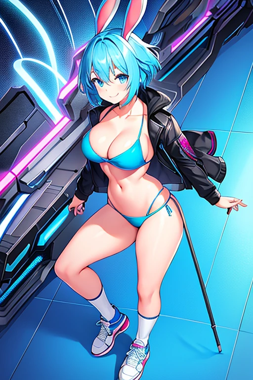 1girl, breasts, medium breasts, thick thighs, hourglass figure, toned, smile, light smile, blue hair, light blue hair, blue eyes, very short hair, pixie cut, shoes, sneakers, socks, ((socks)), bikini, black bikini, jacket, black jacket, open jacket, neon trim, neon, neon lights, blue trim, tech, machinery, science-fiction, futuristic, bunny ears, rabbit ears, cropped jacket, ((cropped jacket))