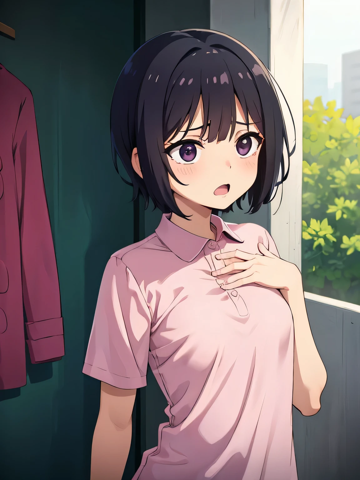 1. Beautiful girl in a magenta polo shirt, short hair, Small breasts, Embarrassing, Beautiful fingers, Shyness, worries, Black Hair, No underwear, Bending over Black eyes Hospital Beautiful Cute High quality Short sleeves No bra, lots of drool, open mouth