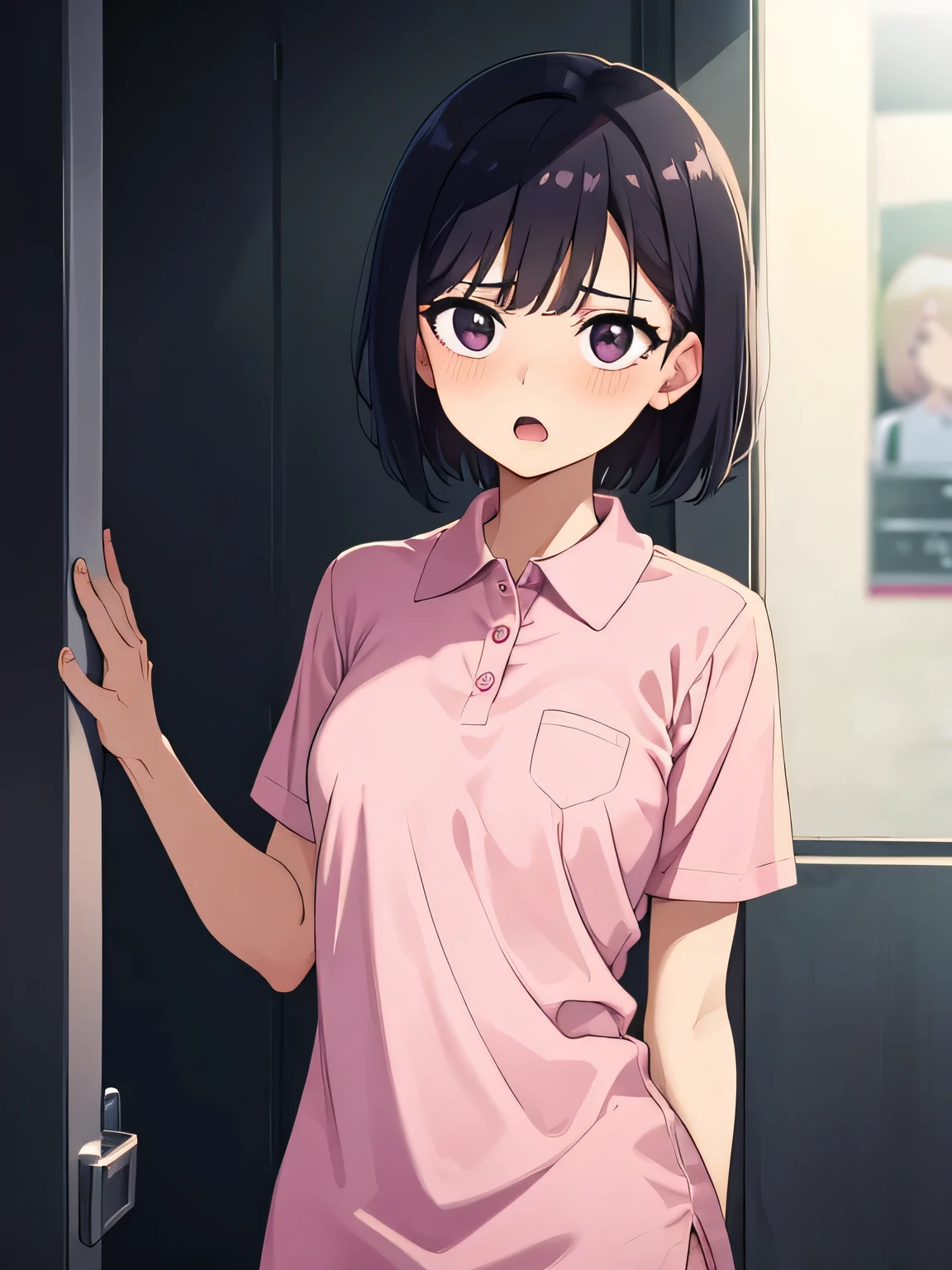 1. Beautiful girl in a magenta polo shirt, short hair, Small breasts, Embarrassing, Beautiful fingers, Shyness, worries, Black Hair, No underwear, Bending over, naked, nude, black eyes, hospital, beautiful, cute, high quality, short sleeves No bra Glasses Armpits