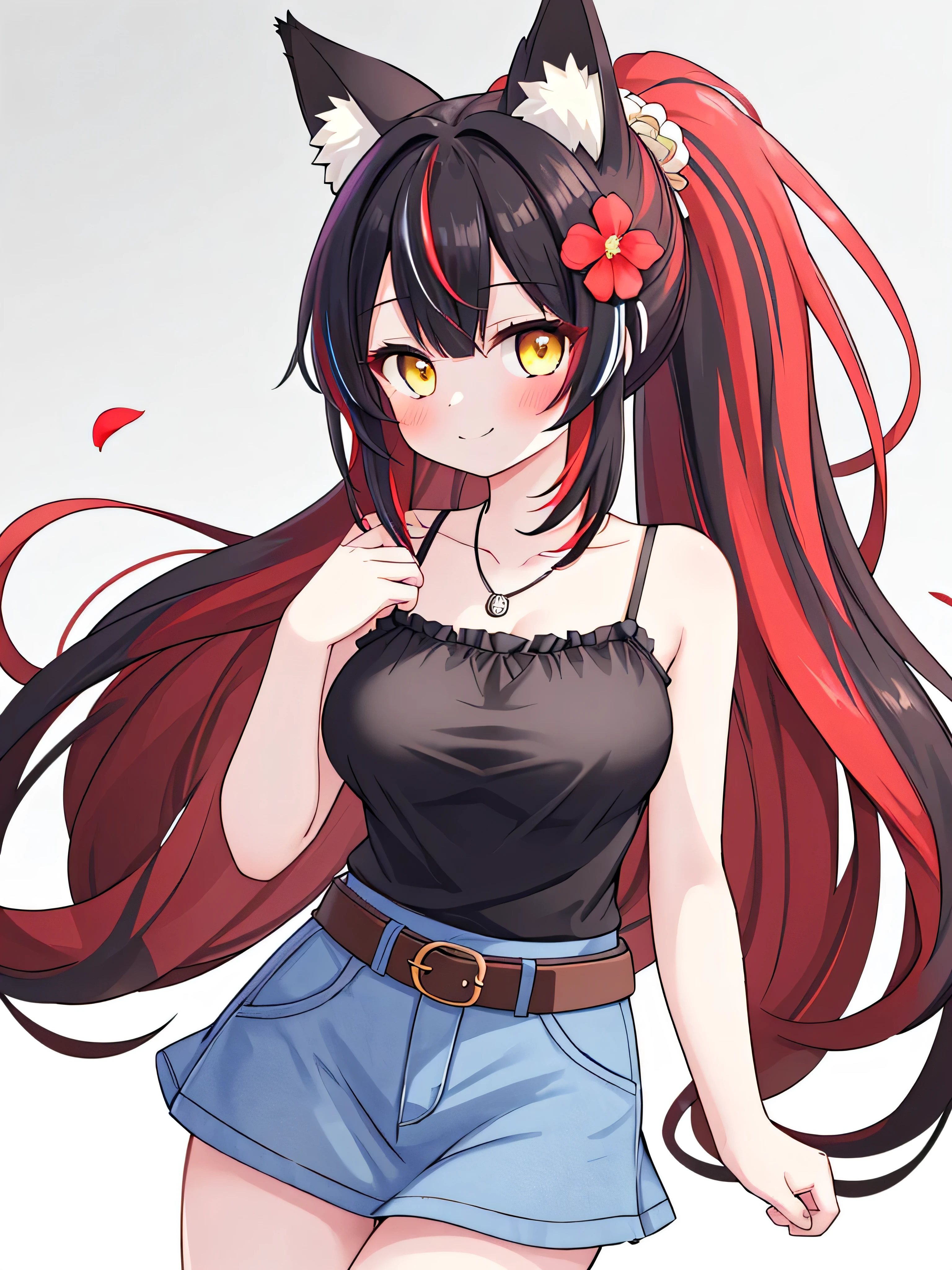 masterpiece, top quality, super detailed, CG illustration, high resolution, better lighting, best shadows, very delicate and beautiful, proper shading, hd, 8k,1girl, solo, long hair, breasts, looking at viewer, blush, smile, bangs, skirt, simple background, black hair, hair ornament, white background, animal ears, bare shoulders, jewelry, medium breasts, closed mouth, collarbone, yellow eyes, ponytail, flower, thighs, red hair, multicolored hair, cowboy shot, belt, hand up, hair flower, miniskirt, necklace, two-tone hair, blue skirt, streaked hair, animal ear fluff, bare arms, black shirt, fox ears, denim, casual, camisole, colored inner hair, spaghetti strap, brown belt, black camisole, denim skirt