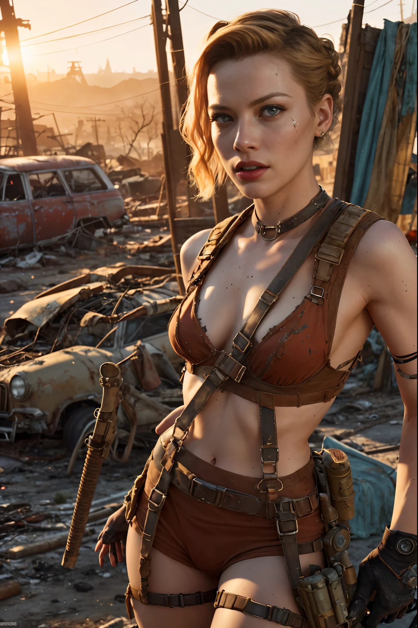 A fierce and beautiful woman, (Grace Kelly:Gillian Jacobs:0.5), braided punk hairstyle, (wearing a revealing high detail raider harness from Fallout 4), armed, high detail face, high detail skin, seductive expression, perfect body, (perfect proportions), a nuclear wasteland background with scattered ruins, high quality, (masterpiece), (realistic photo), intricately detailed, 8k, HDR, shallow depth of field, wide light, high contrast, backlight, sharp focus, RAW color photo, looking at the camera, vibrant colors, dynamic poses, in the style of Fallout 4