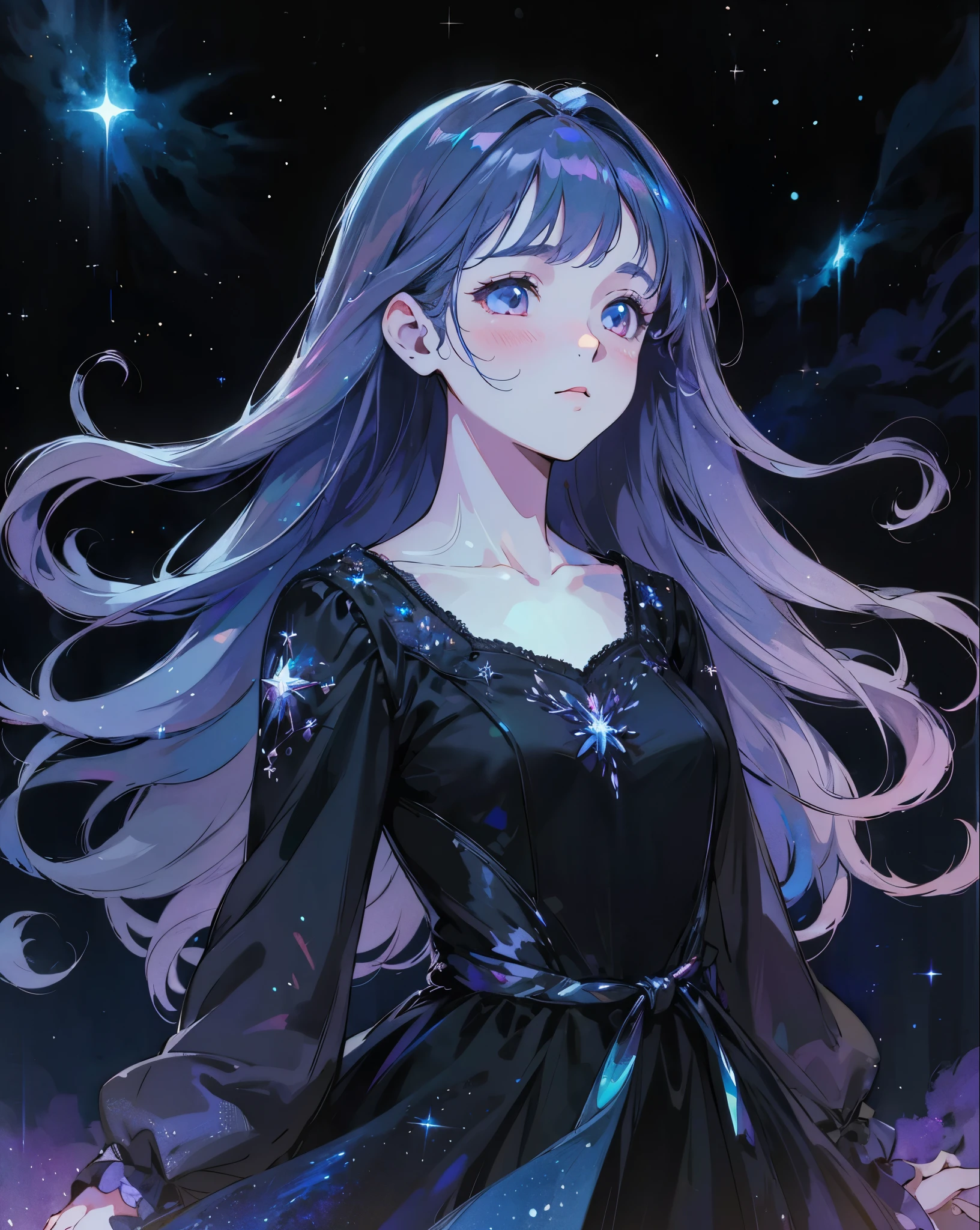 pretty night anime girl wearing a black organza dress with iridescent shines, sparkling eyes, starry night, masterpiece, 4k, perfect face, dark ethereal background, watercolor illustration, extremely detailed, fluffy long hair, jen bartel, aesthetic, dark colours, vector illustration, bioluminescent shiny glow, ghost girl, translucent, wind, windy