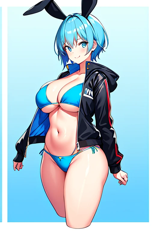 1girl, breasts, large breasts, thick thighs, hourglass figure, toned, smile, light smile, blue hair, light blue hair, blue eyes, very short hair, pixie cut, shoes, sneakers, socks, ((socks)), bikini, black bikini, jacket, black jacket, open jacket, neon trim, neon, neon lights, blue trim, tech, machinery, science-fiction, futuristic, bunny ears, rabbit ears, cropped jacket, ((cropped jacket)), highleg bikini, highleg