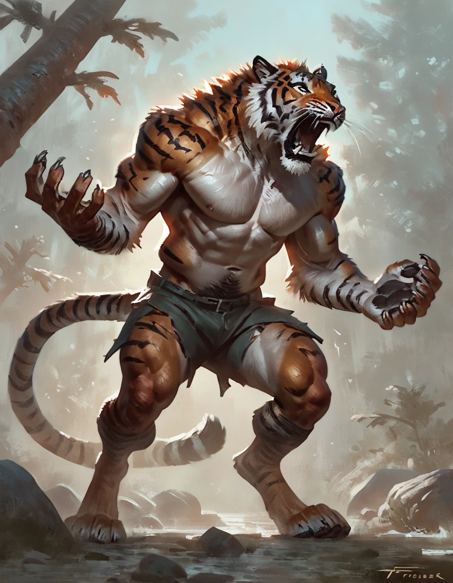 Solo,,Transformation, man looking in shock as his hand morphs into a tiger paw, standing, concept art, by taran fiddler, pecs, 