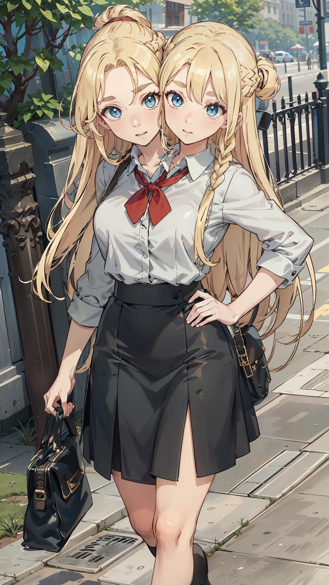 Uniforms，black skirt，white top，fashionable leather shoes， pop color，upper body, outdoors, park，long blonde hair，Thick eyebrows, bust and waist，beautiful blonde，（masterpiece），（（highest quality）），（Super detailed），younger sister，（beautiful eyes beautiful details eyes，clean and delicate face，five fingers，Textile shades, conjoined_dicephalus, (two heads:1.3)