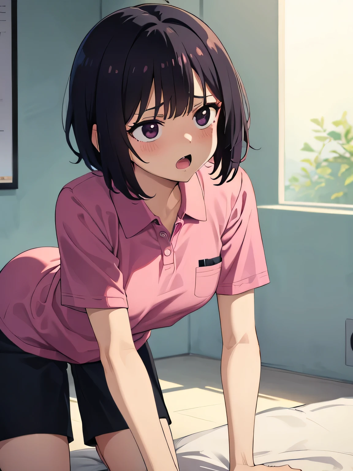 1. Beautiful girl in a magenta polo shirt, short hair, Small breasts, Embarrassing, Beautiful fingers, Shyness, worries, Black Hair, No underwear, Bending over Black eyes Hospital Beautiful Cute High quality Short sleeves　No bra, lots of drool, open mouth, on all fours