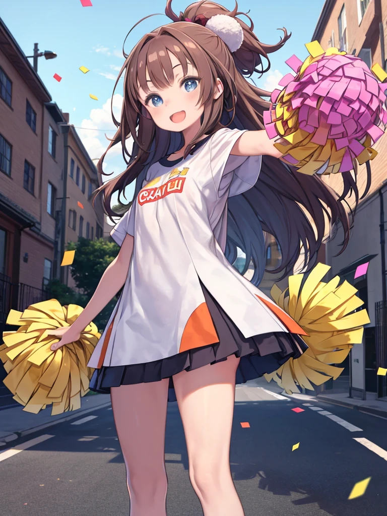 Long Hairと青い制服を着てPom-pomを持っているアニメの女の子、(masterpiece:1.5), figure, 4K, 8k, (high quality:1.1), Very detailed, Detailed face, High resolution, Vibrant colors, Natural light, Cute eyes, Fine grain, Colorful eyes, Beautiful Face, One girl, Long Hair, Messy Hair, Brown Hair, Twin Blade, Scrunchie, hair ornaments, Cheerleader, No sleeve, T-Shirts, Pom-pom, support, standing on the side of the main road, Spread your arms, ((Confetti)), smile, Open your mouth, Establishing Shot
