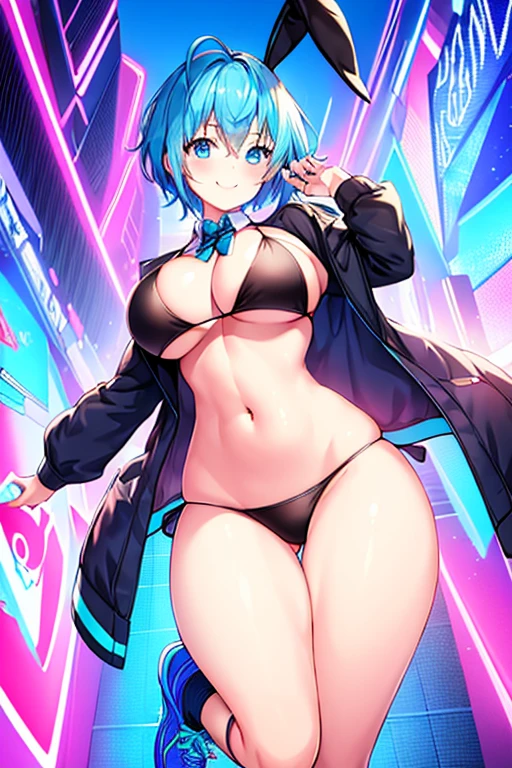 1girl, breasts, medium breasts, wide hips, hourglass figure, toned, smile, light smile, blue hair, light blue hair, blue eyes, very short hair, pixie cut, shoes, sneakers, socks, ((socks)), bikini, black bikini, jacket, black jacket, open jacket, neon trim, neon, neon lights, blue trim, tech, machinery, science-fiction, futuristic, bunny ears, rabbit ears, cropped jacket, ((cropped jacket))