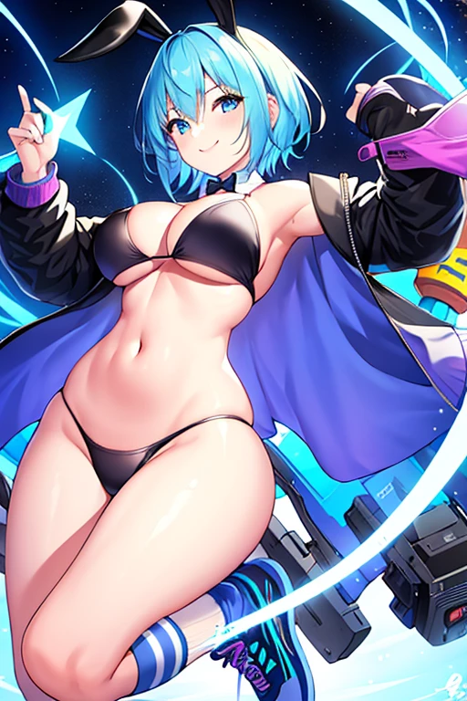 1girl, breasts, medium breasts, wide hips, hourglass figure, toned, smile, light smile, blue hair, light blue hair, blue eyes, very short hair, pixie cut, shoes, sneakers, socks, ((socks)), bikini, black bikini, jacket, black jacket, open jacket, neon trim, neon, neon lights, blue trim, tech, machinery, science-fiction, futuristic, bunny ears, rabbit ears, cropped jacket, ((cropped jacket))