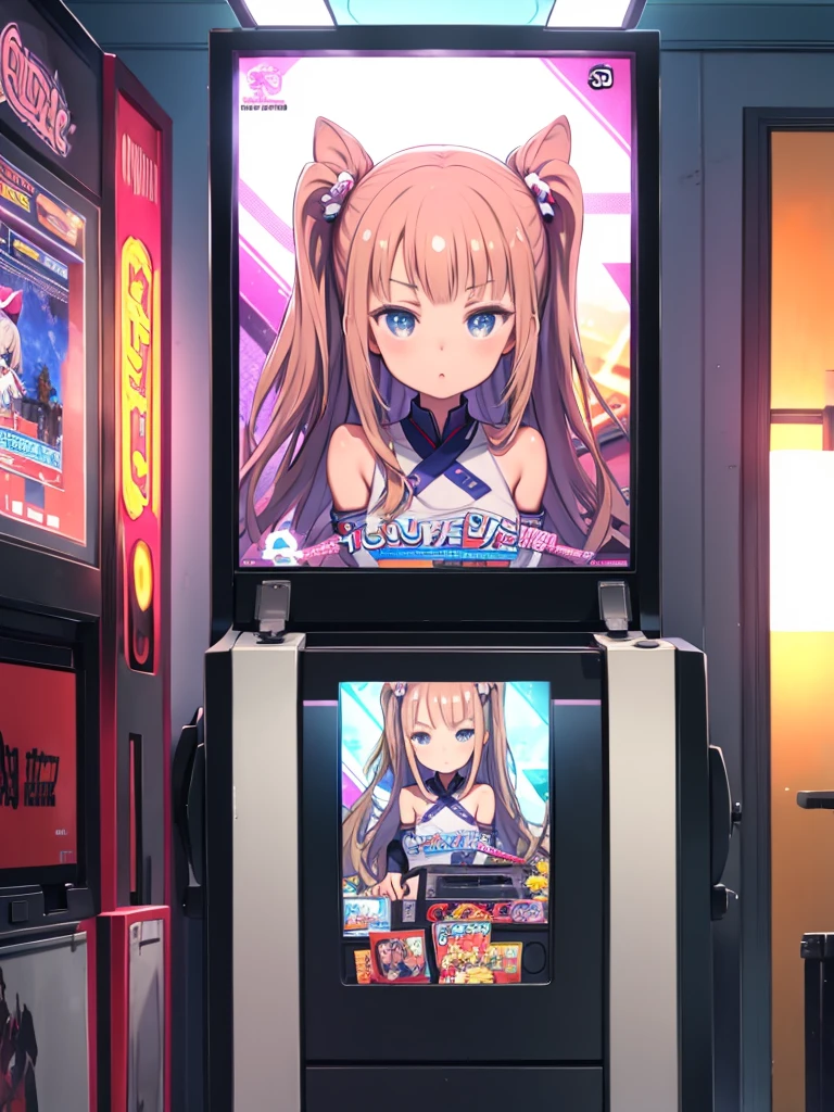 Anime girl playing video games on a small arcade machine、Girl playing video games on an old arcade with vertical cabinets