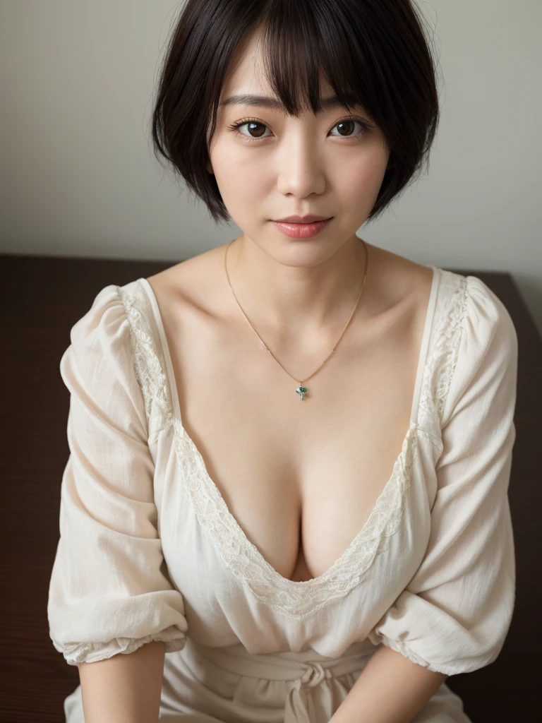 (highest quality、8K、32k、masterpiece、nffsw:1.2)、Photo of beautiful Japan woman in her 30s、very short hair、short hair、shortcut、Upper body、necklace、shot from above、don&#39;t look at the camera、(realistic、Photoreal:1.37)、1 girl、Photographed in natural light、Physically based rendering、excellent image quality、High resolution、1080p、(Detailed facial description)、(Detailed explanation of hands)、(Detailed CG)、Rich details、(exquisite features)、(best image quality)、(masterpiece)、(fine eyes)、delicate clavicle、Various poses、profile、white wall、Taken in front of the white door、(A room with a white wall and a window)、earrings、laughter、spring clothes、((Black long sleeve dress))、look down、face down