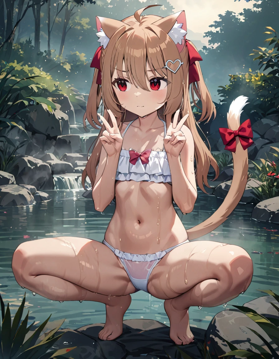 1girl, evil neuro-sama, (yuzu modoki), red eyes, light brown hair, ahoge, two side up, hair ribbon, dark red ribbon, heart hair ornament, (masterpiece, best quality), highly detailed, finely detailed, natural lighting, detailed scenery, wet, steam, outside, onsen, underwear, swimsuit, cat ears, cat tail, tail bow, squatting, spread legs, double peace sign, stomach,