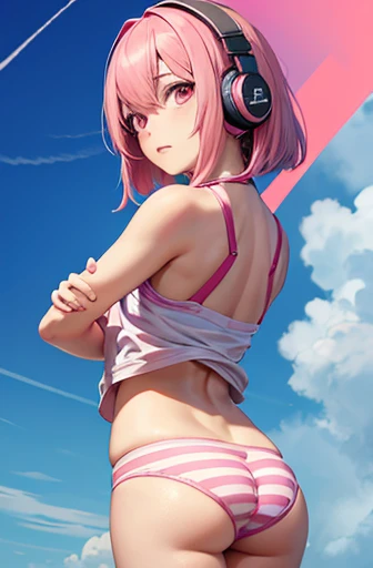 Cyber ​​headphones, pink hair, pink jersey, striped panties, competitive spirit, anime, bob cut, showing buttocks, opening butthole with fingers, taking off pants