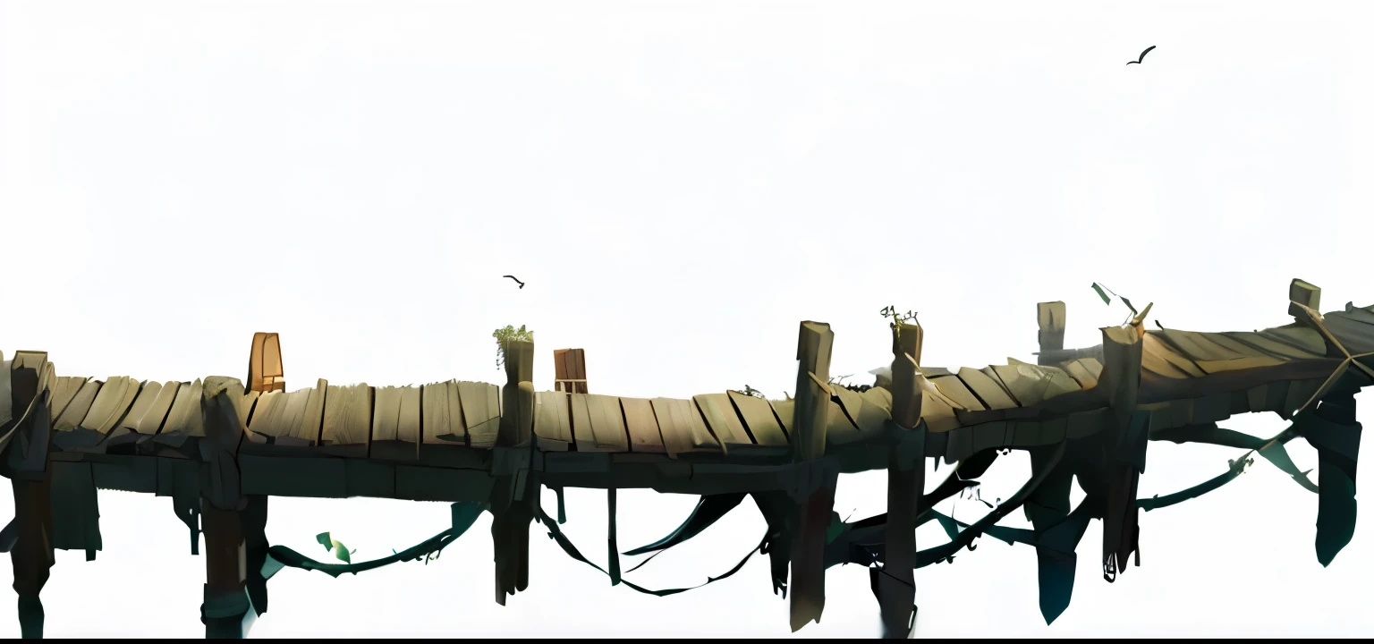 there is a wooden ponte that is in the water, damaged vine ponte, wooden ponte, doca pequena, arte conceitual, arte conceitual, docas, painted as a game arte conceitual, stylized arte conceitual, ativo do jogo, multiple counting, covil de bandido afogado, sea of thieves style, lighting path traced, ponte, fortemente estilizado, arte conceitualwork, boardwalk, hidrovia torcida, ponte suspensa com estacas e amarrada com cordas