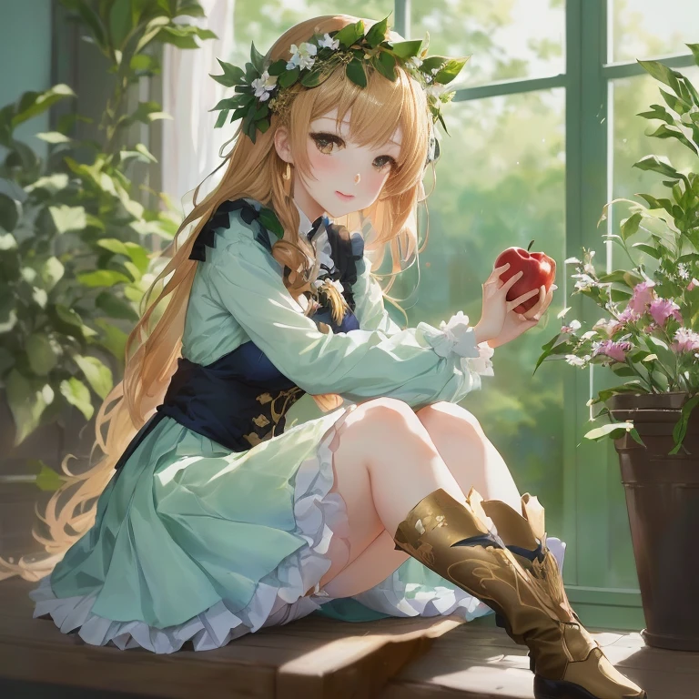 anime girl sitting on a window sill holding an apple, marin kitagawa fanart, cute anime waifu in a nice dress, shadowverse style, guweiz on pixiv artstation, in dress, anime visual of a cute girl, cute anime girl, splash art anime , trending on artstation pixiv, guweiz on artstation pixiv