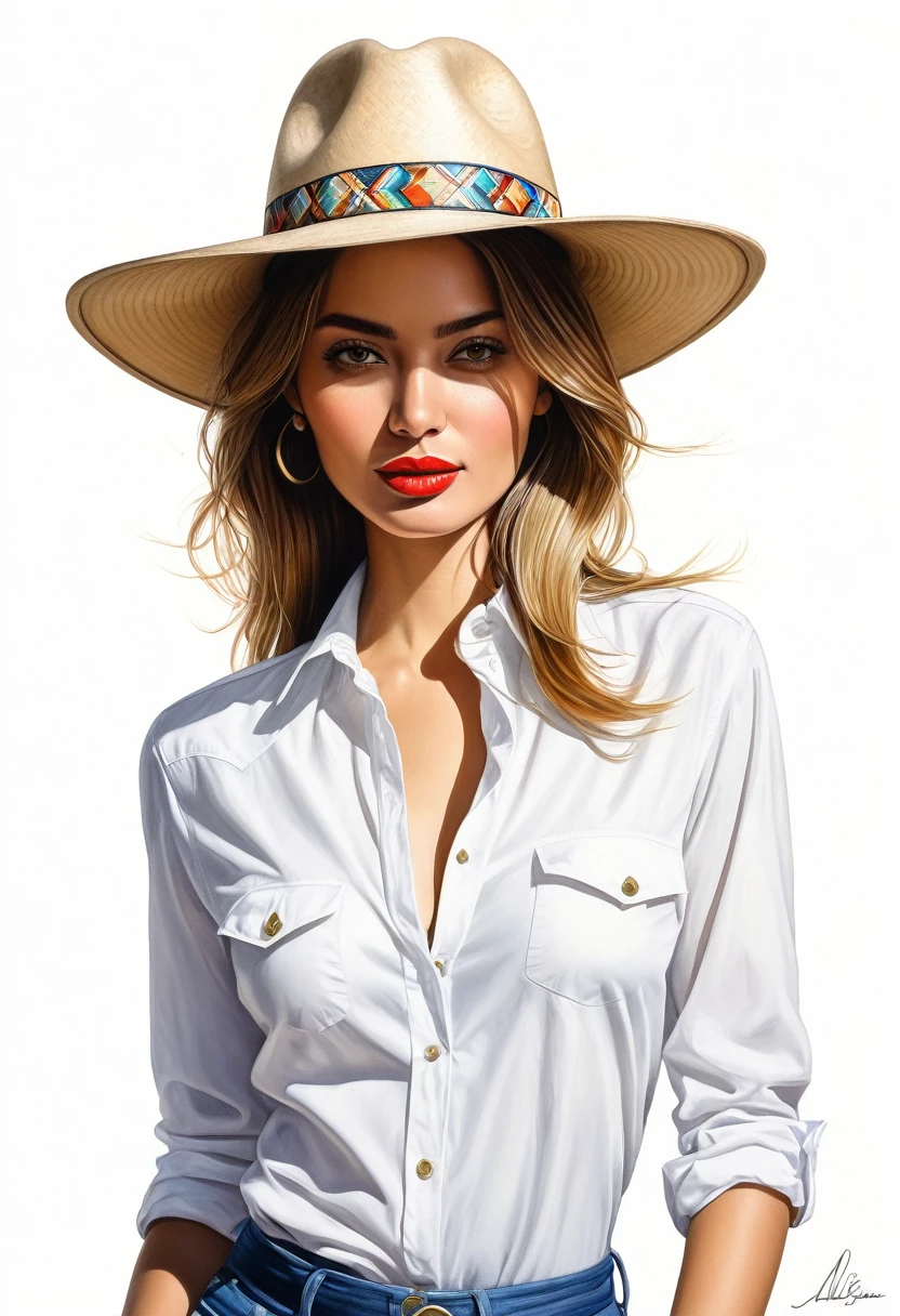 crea una mujer con sombrero moderno ,con camisa blanca, obra maestra, estilo ilustracion de Ali Erturk, alto detalle, hiperrealista, luz natural,ilustracion , colores llamativos