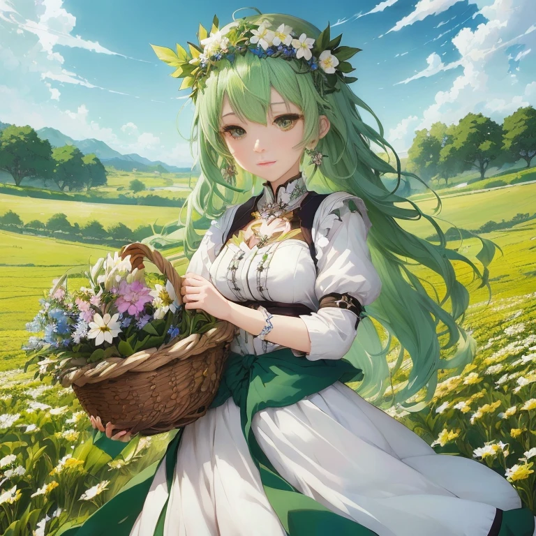 anime girl with green hair and white dress holding a basket of flowers, official artwork, shirabii, official art, goddess of spring, beautiful maiden, cushart krenz key art feminine, the non-binary deity of spring, astri lohne, official anime artwork, goddess of nature, goddess of summer, guweiz on pixiv artstation