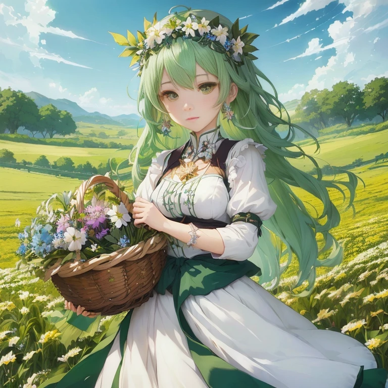 anime girl with green hair and white dress holding a basket of flowers, official artwork, shirabii, official art, goddess of spring, beautiful maiden, cushart krenz key art feminine, the non-binary deity of spring, astri lohne, official anime artwork, goddess of nature, goddess of summer, guweiz on pixiv artstation