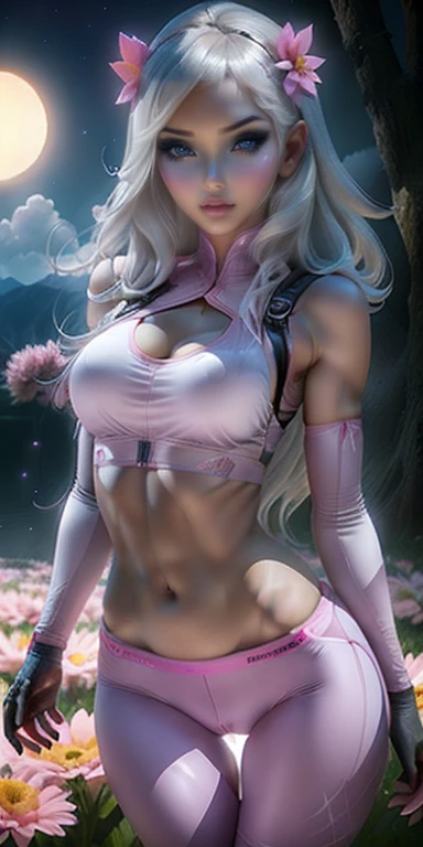 1 girl, Gray Hair, iris, Shining Eyes, Baby pink sports bra, baby pink leggings, 美しいsmile､Realistic, blush, night, Flowers, sun, sunlight, masterpiece, 最high quality, high quality, high qualityの美しい胸, Long legs, Thighs, Slim figure, baby pink 全て, All fascinating、(((Captivating eyes、smile)))