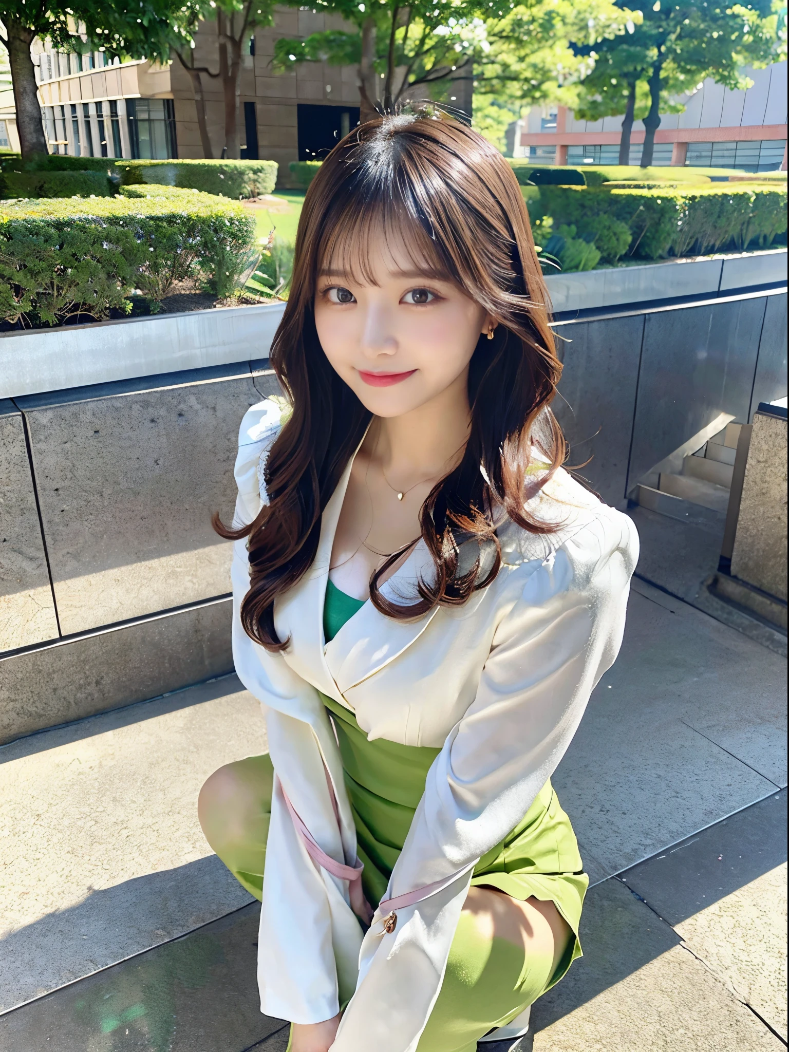 Top view、Crouching woman、Woman looking up、Hair blowing in the wind、(Brown eyes、Double eyelids、Sparkling Eyes、Very beautifully detailed eyes)、Light lime green suit、Short tight skirt、White shirt、Cleavage(Very large breasts、Very thin and long legs、Perfect figure、High heels、whole body、smile)、1 female、No makeup、23 years old、(masterpiece、8K,RAW Photos、High resolution:1.4)、flower bed、
