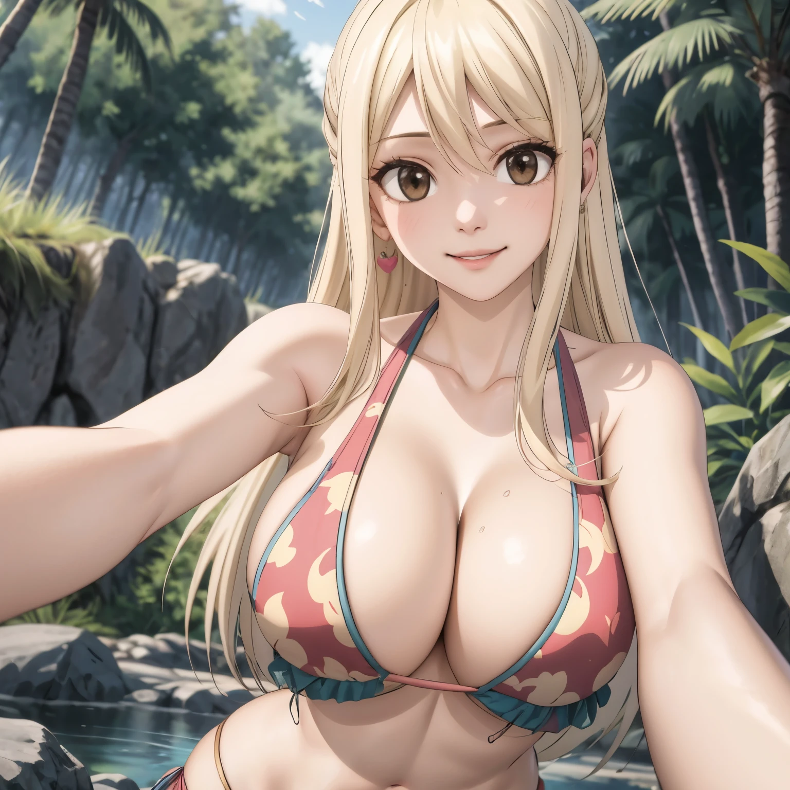 Lucy Heartfilia, 24 year old woman long straight blonde hair,, Brown eyes, pechos grandes bikini azul con manchas, selfi a su pecho, sonrisa feliz. fondo un bosque. gotas de sudor en su pecho, sonrisa picara.