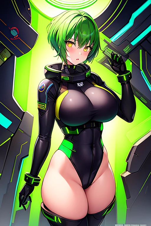 1girl, green hair, very short hair, pixie cut, yellow eyes, serious glowing eyes, large breasts, breasts, thick thighs, toned, toned female, bodysuit, pilot suit, futurustic, science-fiction, neon, neon trim, neon light, black bodysuit, space,