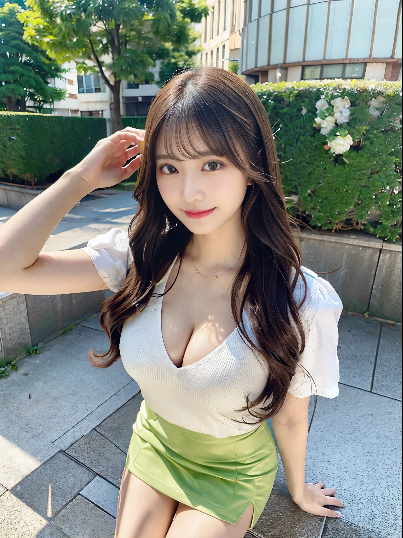 Top view、Crouching woman、Woman looking up、Hair blowing in the wind、(Brown eyes、Double eyelids、Sparkling Eyes、Very beautifully detailed eyes)、Light lime green suit、Short tight skirt、White shirt、Cleavage(Very large breasts、Very thin and long legs、Perfect figure、High heels、whole body、smile)、1 female、No makeup、23 years old、(masterpiece、8K,RAW Photos、High resolution:1.4)、flower bed、