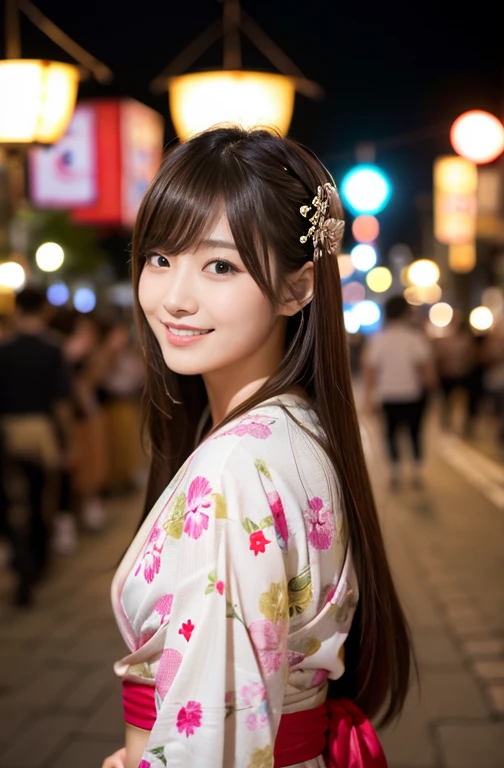 masterpiece、1 beautiful girl、Fine grain、Puffy eyes、highest quality, 超A high resolution, (reality: 1.4), Cinema Lighting、Japanese、Asian Beauty、so beautiful、Beautiful Skin、thin、Body facing forward、(超reality的な)、(High resolution)、(8k)、(Very detailed)、(beautiful Fine grains)、(Very detailed)、 (wall-)、Detailed face、Bright lighting、Professional Lighting、Looking at the audience、Look straight ahead、Black business suit、Long Hair, Asymmetrical bangs, 、Night view、Brown Hair、Japanese Idols、Korean Idol、Fiery idol pose、Cute yukata、23 years old、expensive, smile, Nagasaki City、Summer festival、