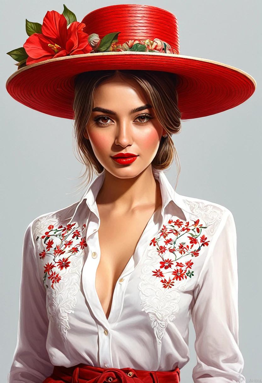 crea una mujer con sombrero elegante rojo ,con camisa de flores, obra maestra, estilo ilustracion de Ali Erturk, alto detalle, hiperrealista, luz natural,ilustracion , colores llamativos