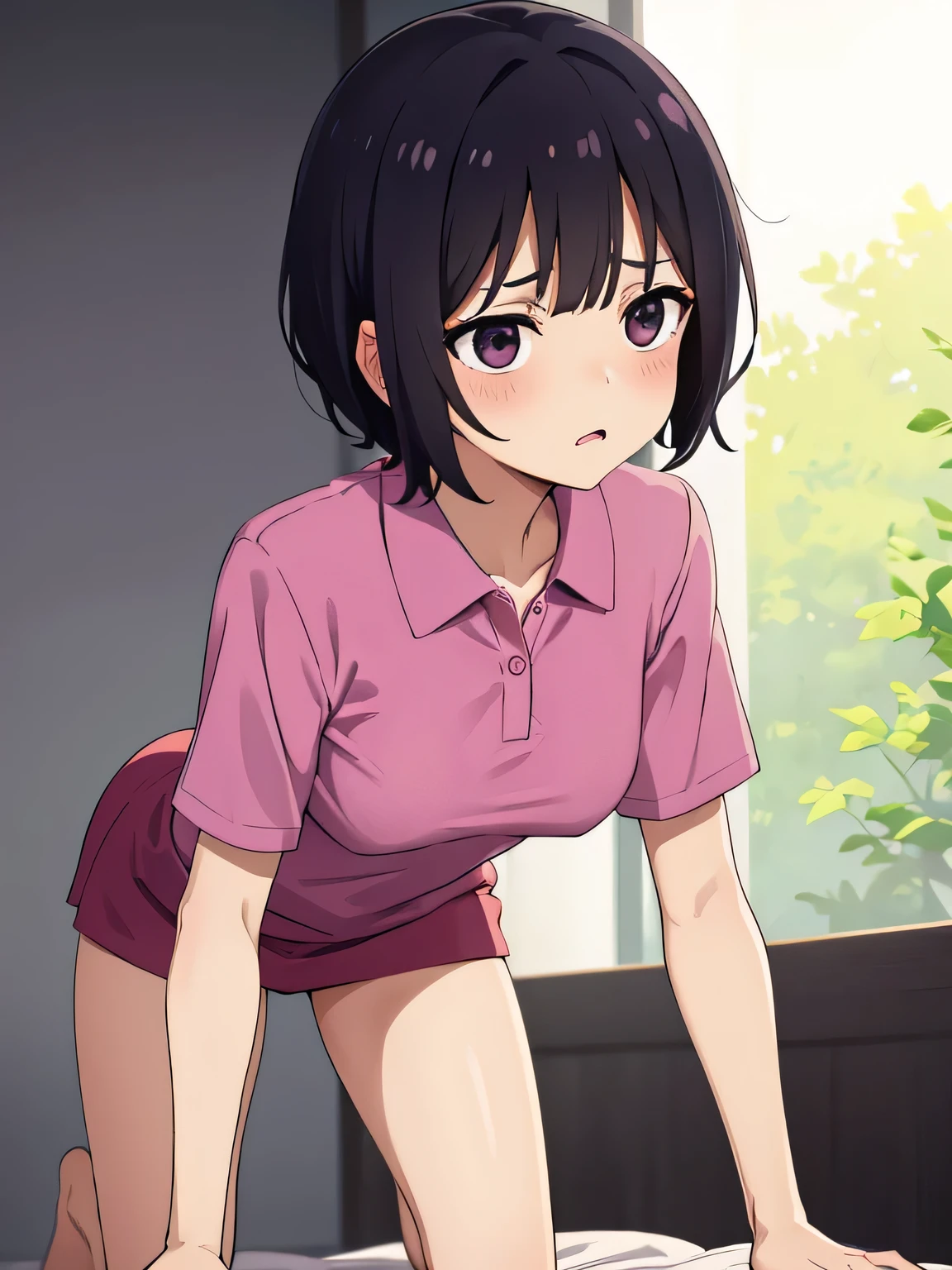 1. Beautiful woman in a pink polo shirt, Short sleeves Short hair, Small breasts,Black Hair, Hospital Beautiful Cute High Quality Drooling Feel Perfect Fingers She leans against the wall in the room and spreads her legs a little.　Naked, clothes rolled up, raped by doctor, large amount of semen from vagina, sex