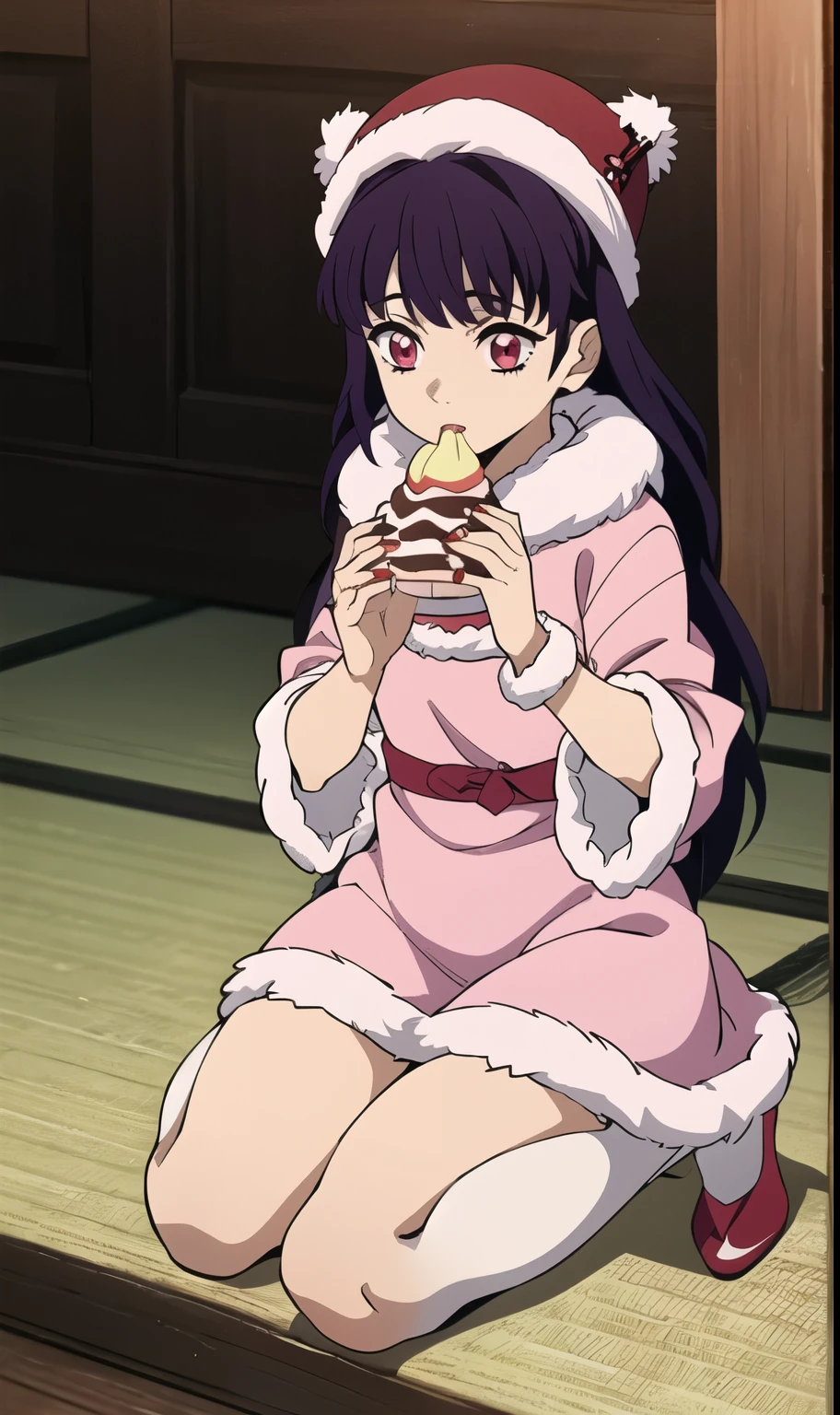 masterpiece, best quality, (1girl), ((teen)), long hair, straight hair, bangs, dark purple hair, crimson red eyes, ((eating sweets)), ((sweet tooth)), reincarnation, symbolization, coquette clothing, coquette, hime-style, (hime haircut), ((fur dress)), light pink dress, ((fur hat)), ((fur)), ((Mary Jane shoes)), thigh high socks, jewelry, Japanese,