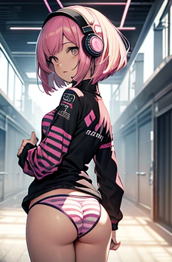 Cyber ​​headphones, pink hair, pink jersey, striped panties, competitive spirit, anime, bob cut, showing buttocks, opening butthole with fingers, 