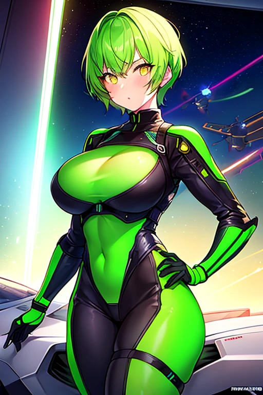 1girl, green hair, very short hair, pixie cut, yellow eyes, serious  glowing eyes, large breasts, breasts, thick thighs, toned, toned female, bodysuit, pilot suit, futurustic, science-fiction, neon, neon trim, neon light, black bodysuit, space, 