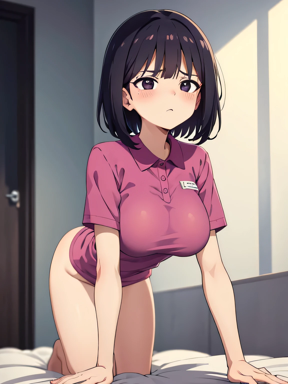 1. Beautiful girl in a magenta polo shirt, short hair, Large Breasts, Embarrassing, Beautiful fingers, Shyness, worries, Black Hair, No underwear, Bending over Black eyes Hospital Beautiful Cute High quality Short sleeves　No bra, drool, on all fours, naked