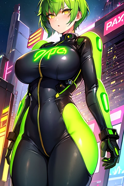 1girl, green hair, very short hair, pixie cut, yellow eyes, serious, glowing eyes, large breasts, breasts, thick thighs, toned, toned female, bodysuit, pilot suit, futurustic, science-fiction, neon, neon trim, neon light, black bodysuit, space, 