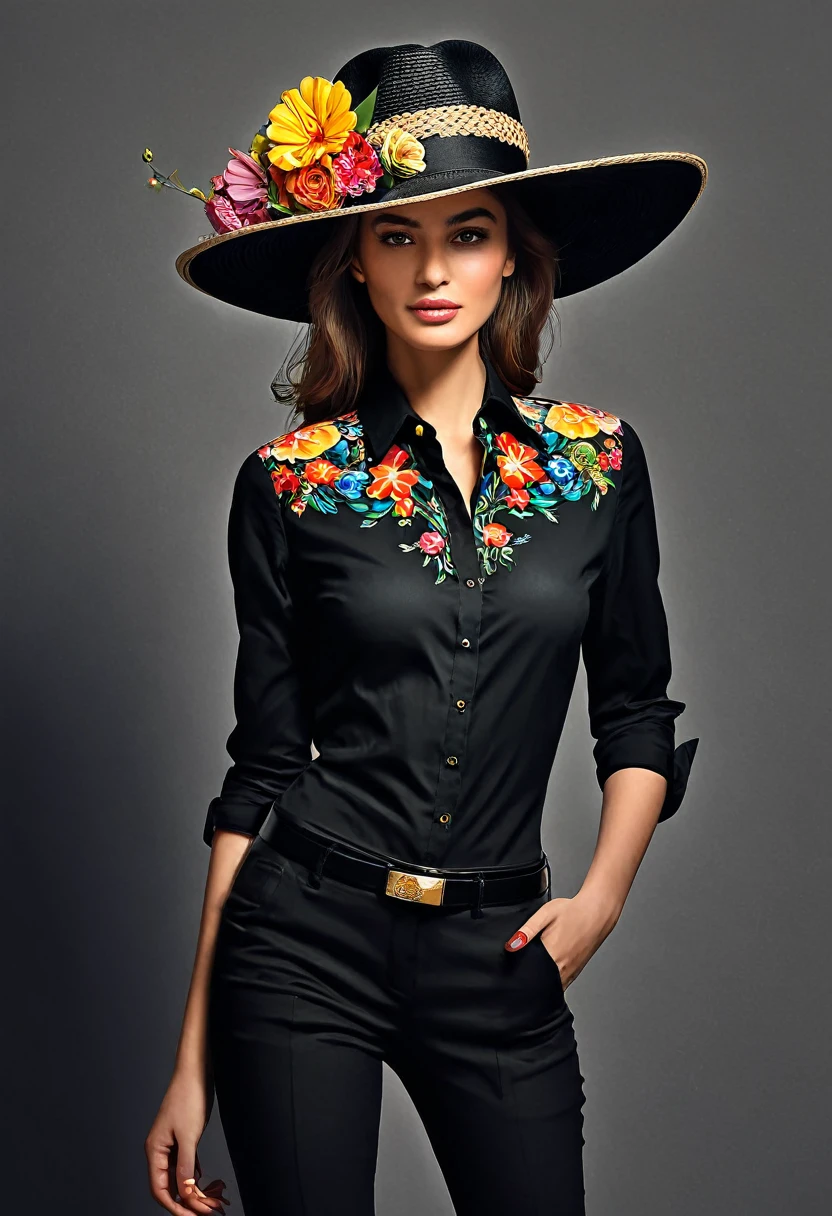 crea una mujer con sombrero elegante negro ,con camisa de flores, obra maestra, estilo ilustracion de Ali Erturk, alto detalle, hiperrealista, luz natural,ilustracion , colores llamativos

