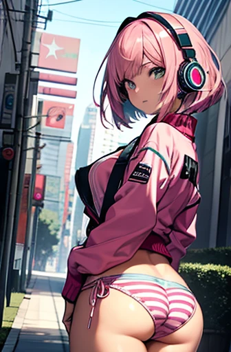 Cyber ​​headphones, pink hair, pink jersey, striped panties, competitive spirit, anime, bob cut, showing buttocks, opening butthole with fingers, 