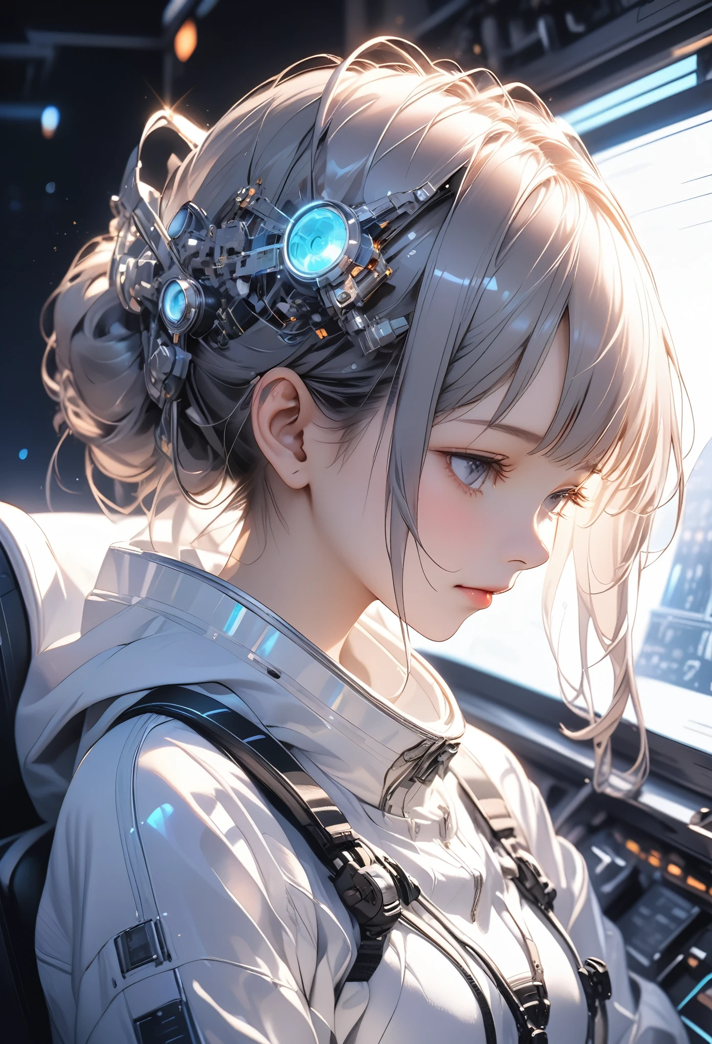 operators girl, futuristic space ship, sit close , operating on terminal, futuristic instrumentation, focus on upper body , intricate, lens flare, (light blue theme,white theme, soft light, ambient light,glowing, backlighting :1.3),cowboy shot, half-closed eyes, from side, (masterpiece:1.2),(best quality:1.2),newest, ai-generated, intricate details, detailed background