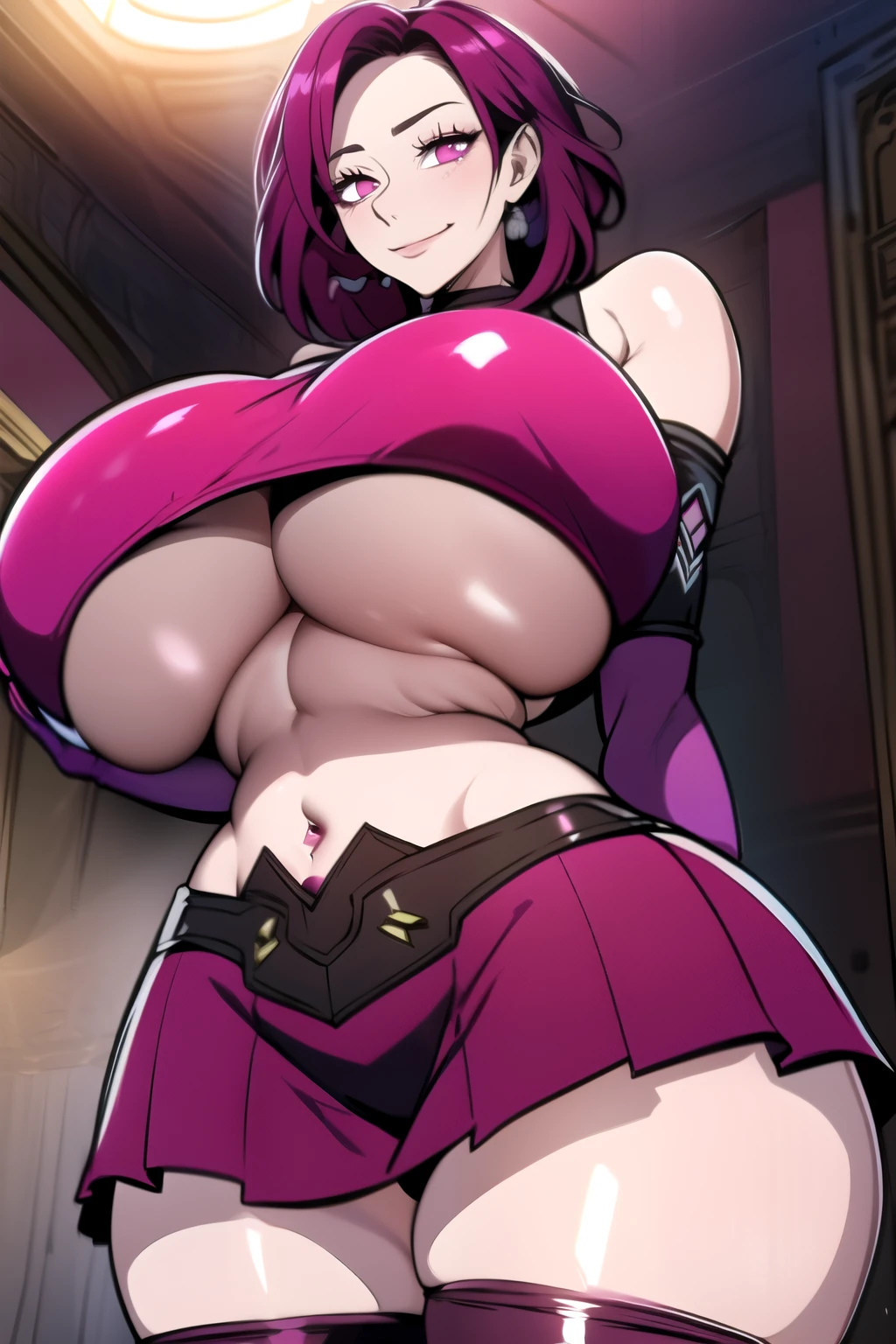 masterpiece, best quality, absurdres, 8k, perfect shadows,perfect lighting,hdr, cowboy shot,shiny skin,skindentation, beautiful body, kafka, ((magenta hair: 1.4)), long hair, purple eyes, (crop top, (underboob : 1.4), elbow gloves, thigh boots, split skirt, bare shoulders, curvy, midriff, curvy, thighs, higheels, shiny clothes), complex detailed background, inside, luxury palace) (gigantic breasts,hourglass body, thin waist,very slim waist)extremely detailed face,detailed eye makeup, detail face, nice detailed eyes,nice hands, perfect hands (realistic pupils,realistic iris:1) heavy eye makeup,,standing,standing at attention,(seductive smile), (gigantic breasts: 1.4), curvy