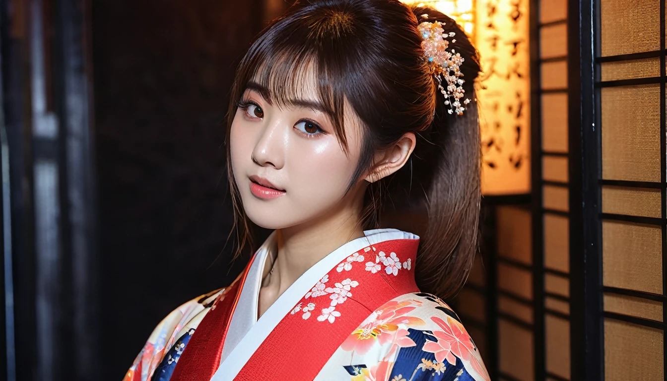 masterpiece、1 beautiful girl、fine grain、Puffy eyes、highest quality, 超A high resolution, (reality: 1.4), Cinema Lighting、Japanese、Asian Beauty、so beautiful、Beautiful Skin、thin、Body facing forward、(超reality的な)、(High resolution)、(8k)、(Very detailed)、(beautiful fine grains)、(Very detailed)、 (wall-)、Detailed face、Bright lighting、Professional Lighting、Looking at the audience、Look straight ahead、Japanese style kimono、Long Hair, Beautiful Hair, Asymmetrical bangs, 、Night view、Brown Hair、Japanese Idols、Korean Idols、Fiery idol pose、、21 years old、expensive, Serious expression, City of night、Ginza Nightclub