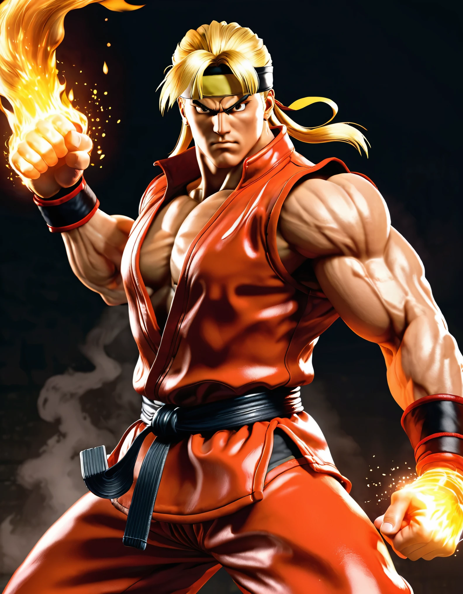 The iconic Ken Masters from Street Fighter, his muscular frame glistening with sweat, his fiery spirit burning bright, ready to face any challenge that comes his way.