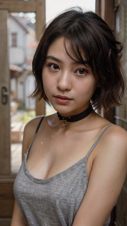 (highest quality, 8k, 32k, masterpiece, Ultra-high resolution: 1.2), Cute Japanese２０Year old beautiful girl photo, Very short hair, Upper Body, Focus on the eyes,(Highly detailed skin texture、Beautiful Eyes、Detailed eyes）、（sweaty skin texture）、Tired and sleepy expression、 choker, Portrait Photo、（Improve the quality of your lighting）、Old Townscape、camisole