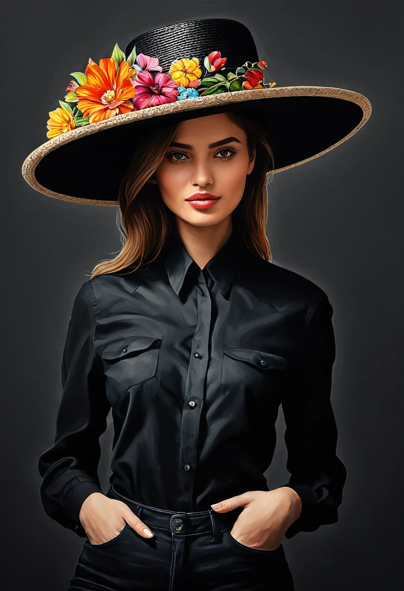 crea una mujer con sombrero elegante ????? ,con camisa de flores, obra maestra, estilo ilustracion de Ali Erturk, alto detalle, hiperrealista, luz natural,ilustracion , colores llamativos
