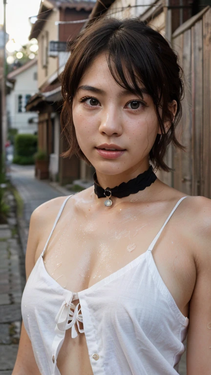 (highest quality, 8k, 32k, masterpiece, Ultra-high resolution: 1.2), Cute Japanese２０Year old beautiful girl photo, Very short hair, Upper Body, Focus on the eyes,(Highly detailed skin texture、Beautiful Eyes、Detailed eyes）、（sweaty skin texture）、Tired and sleepy expression、 choker, Portrait Photo、（Improve the quality of your lighting）、Old Townscape、camisole