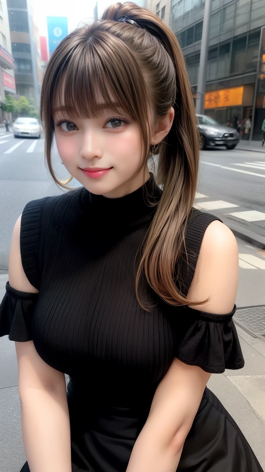 Large Breasts、 Large Breastsの谷間, Natural Lip、Fair skin、Great light、Beautiful lighting、((Straight Hair))、((Black Hair))、((ponytail))、Blunt bangs、Off the shoulder、Knit dresini skirt、Gorgeous Accessories、Harajuku、smile、かわいいsmile、squat、Crowds in the city