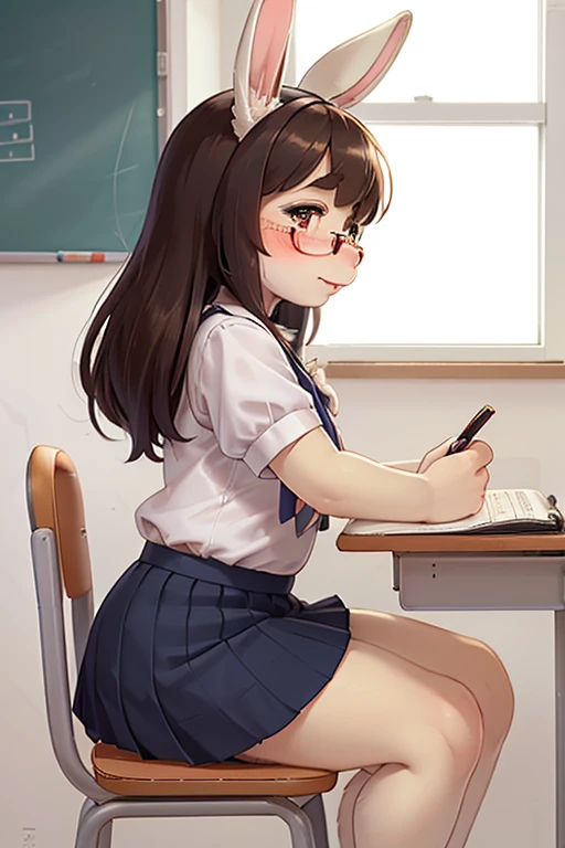 left side view , focus face , hairy bunny Short stature girl , (realistic hairy bunny fur:1.2) , round Mumps face , (tilt face:1.2) , geek , round eyes , Swollen cheeks , shy , glossy lips , in the school , Class is in progress , school sailor , skirt , sit on chair , Looking Ahead , Bored attitude , Write in a notebook , upskirt by hand