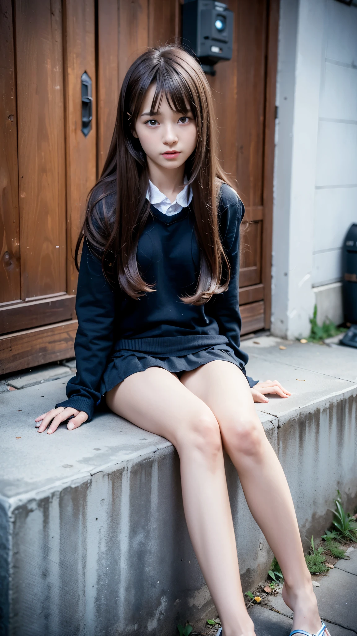 1 girl,8k,Fine details, photo rial,Photo quality、Large file size, Highly detailed CG Unity 8k 、 Long Hair, , face:1.7, whole body, Gal Makeup,miniskirt,sitting in the front on the Alley,up skirt,