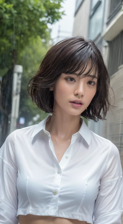 ((highest quality, 8k, masterpiece: 1.3)), Sharp focus: 1.2, Perfect figure: 1.4, Slim Abs: 1.2, ((Layered Haircut, big: 1.2)), (White long shirt with white buttons: 1.1), (rain, street: 1.2), Wet body: 1.5, Highly detailed face and skin texture, Fine grain, Japanese people々, Embarrassing