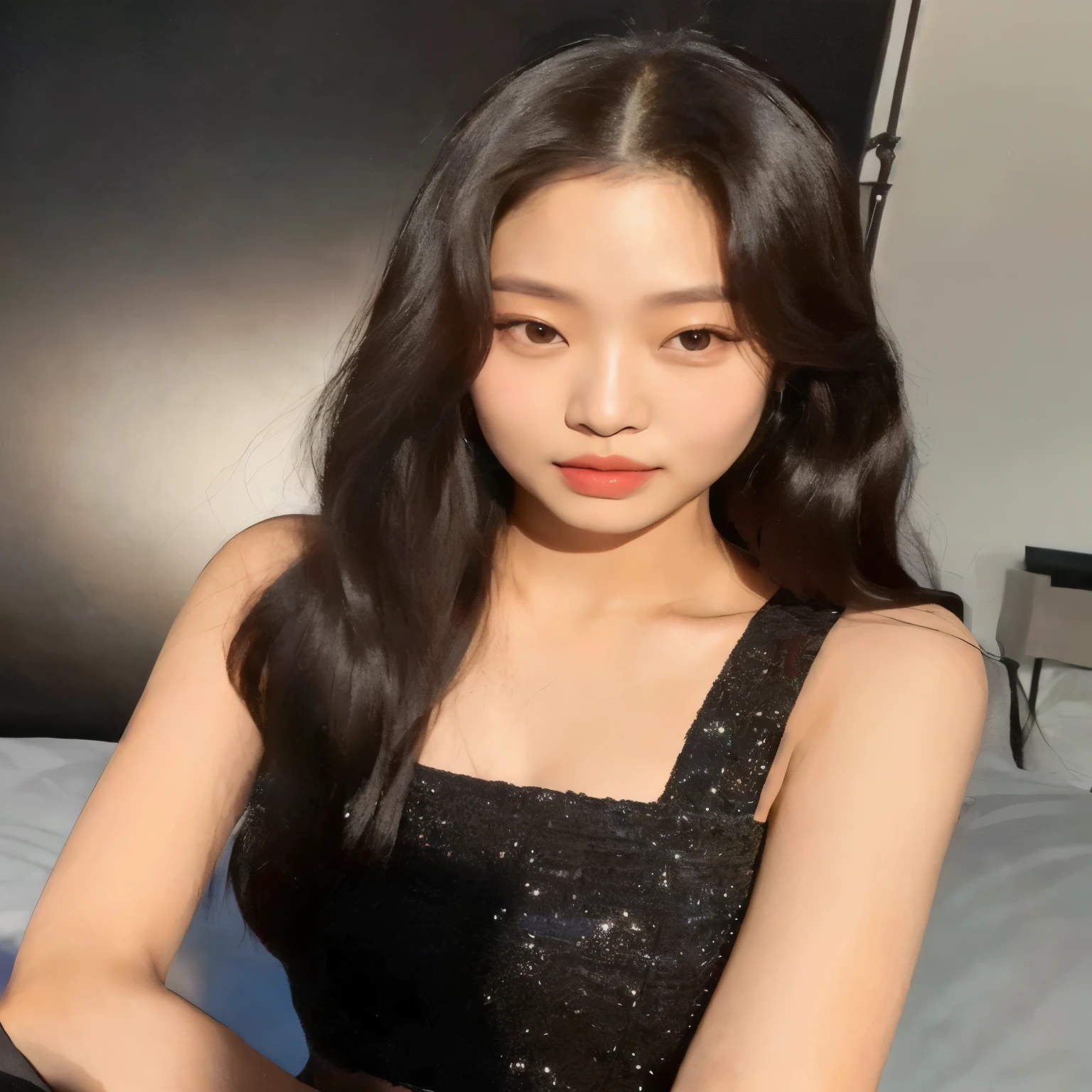 a close up of a woman sitting on a bed with a black dress, blackpink jennie, jaeyeon nam, ulzzang, jinyoung shin, portrait of jossi of blackpink, korean girl, gongbi, beautiful south korean woman, jossi of blackpink, heonhwa choe, gorgeous young korean woman, with long hair, lee ji-eun