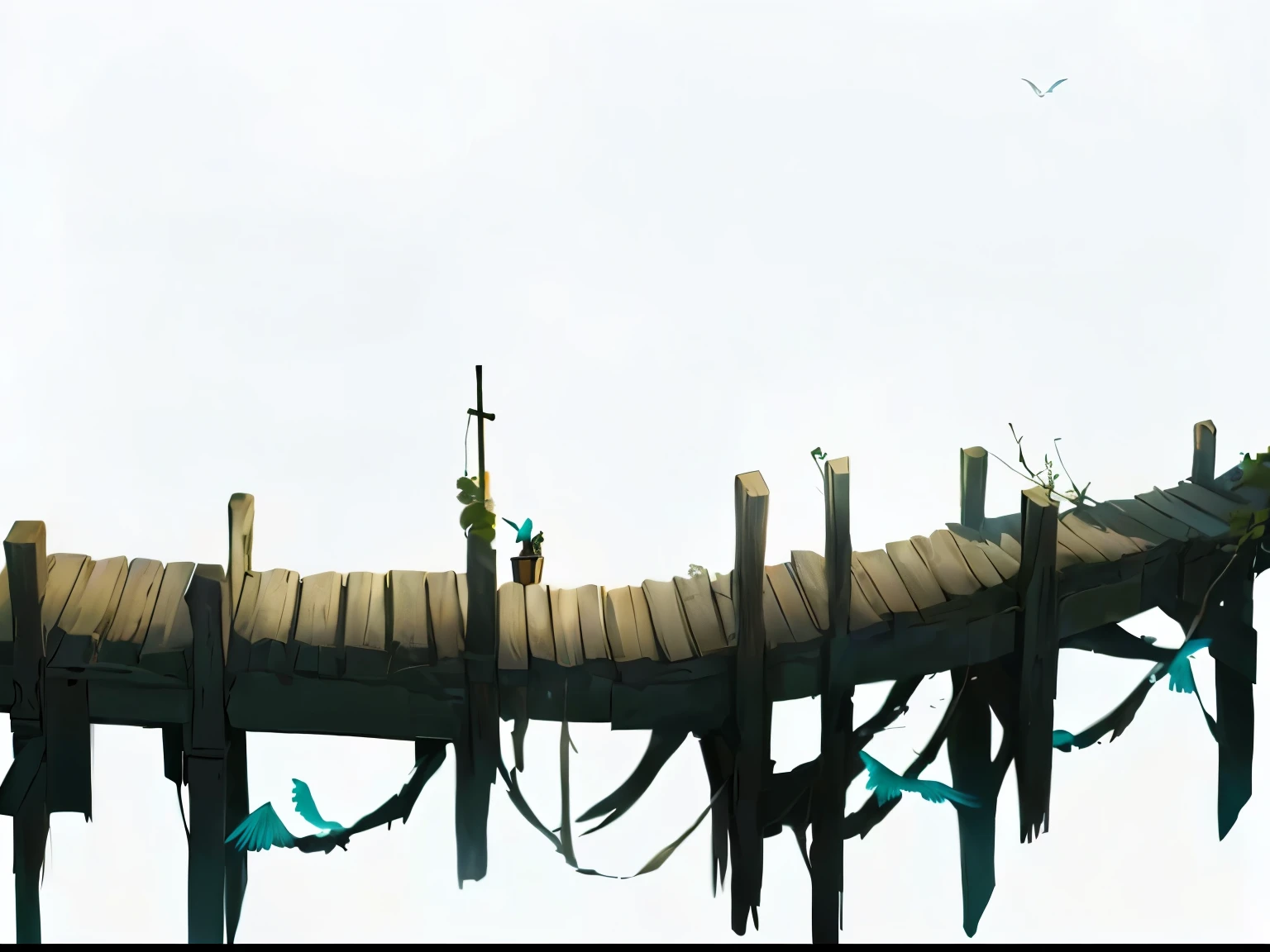 there is a wooden dock with a bird flying over it, doca pequena, painted as a game arte conceitual, game render, arte conceitual for a video game, videogame ainda, in game render, arte estilizada muito coerente, atmosfera pantanosa, stylized arte conceitual, conceito de jogo, arte de fundo, indie game arte conceitual, conceito de meio ambiente, Ponte da Vinha danificada, arte conceitual!